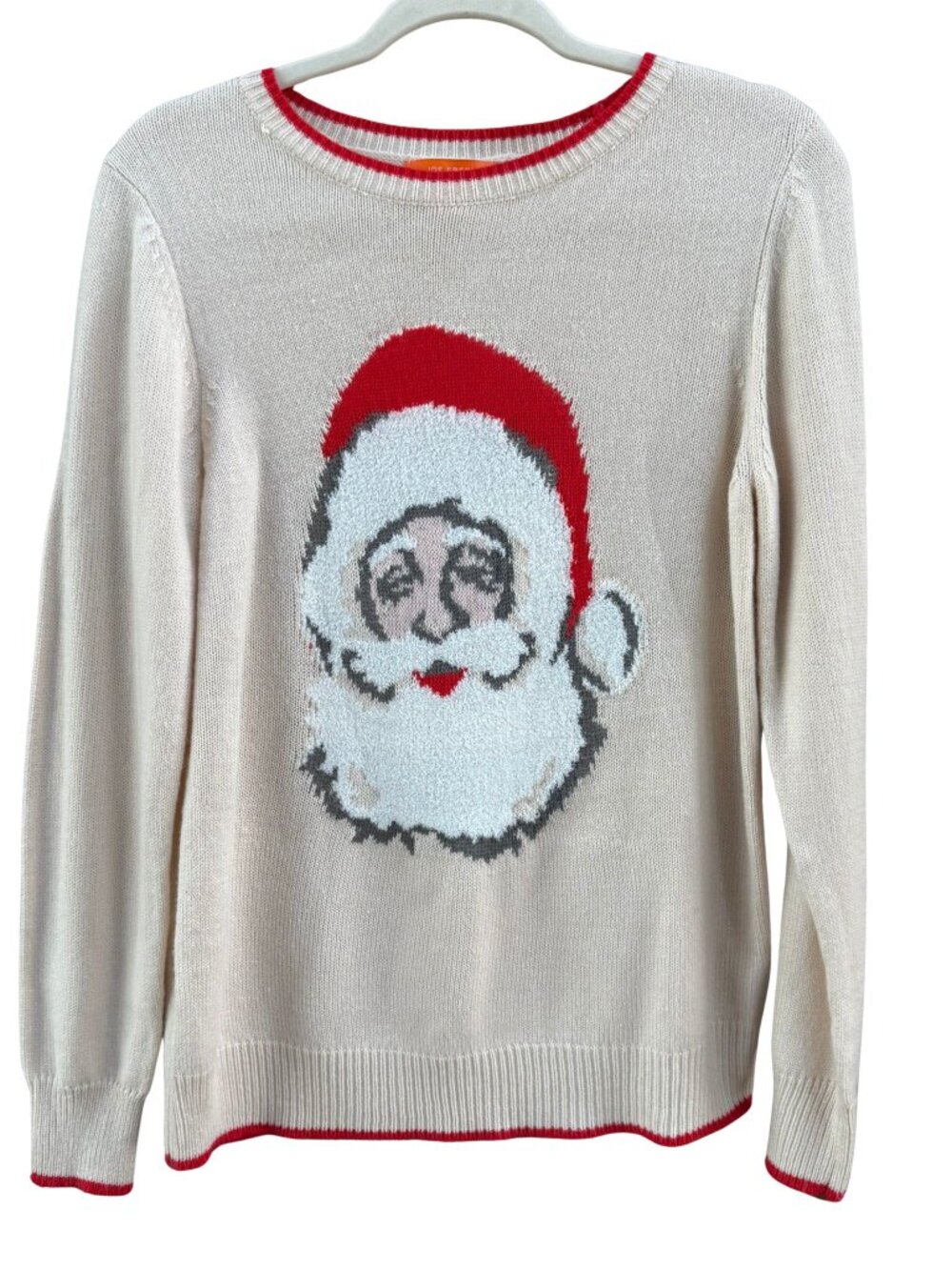 Joe Fresh Santa Christmas Sweater Large Cream Red Fuzzy Beard Holiday Pullover